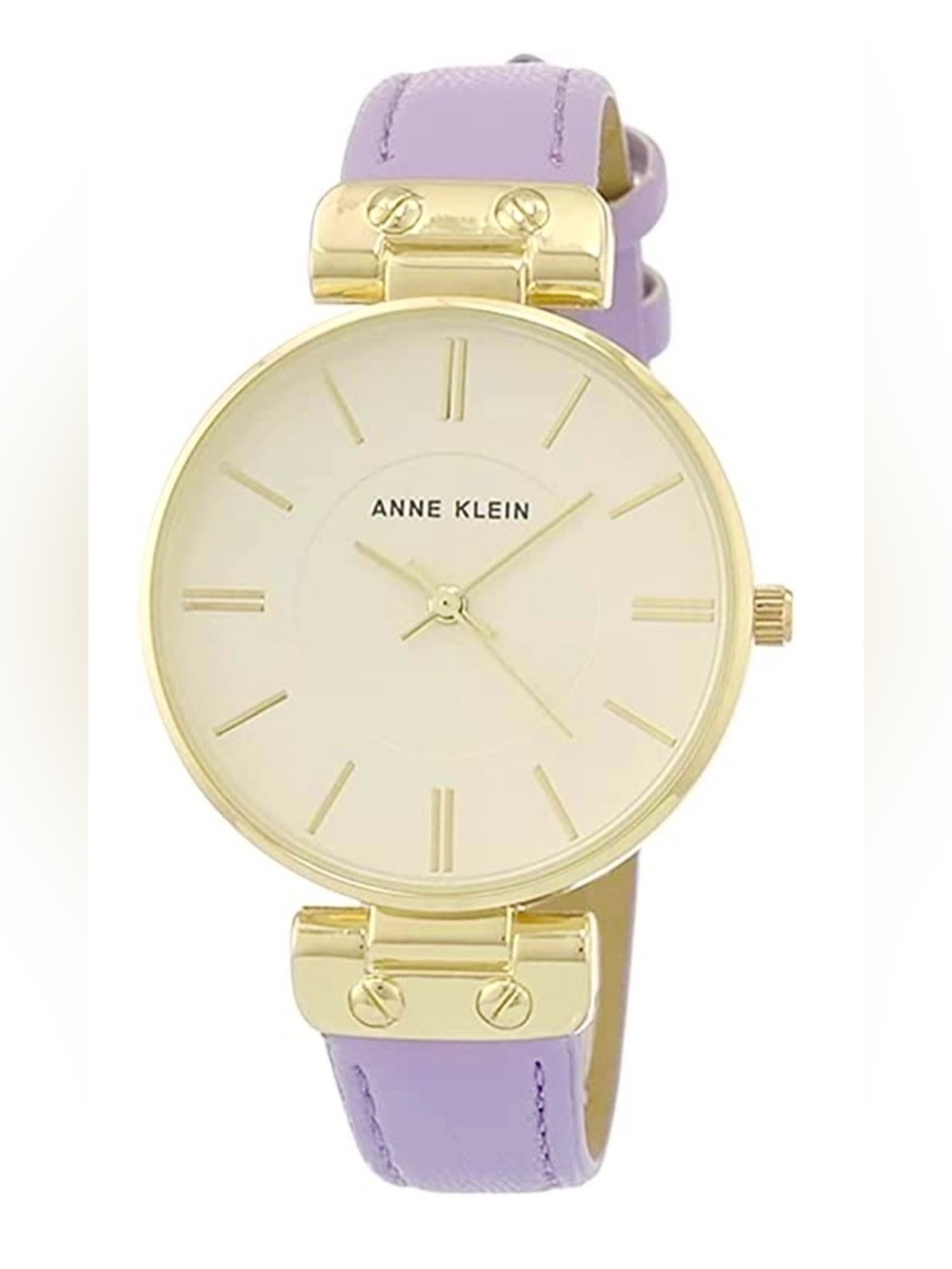 Anne Klein Ladies Quartz Watch Vegan Leather Strap Lavender Gold Tone Trim NWOT